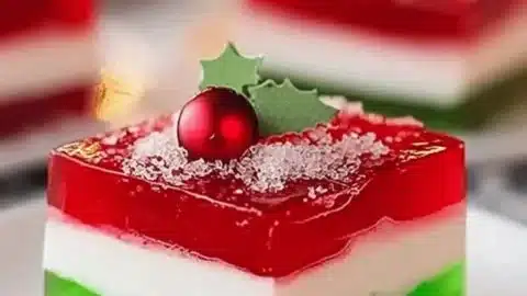Layered Christmas Jello dessert in festive colors for holiday celebrations