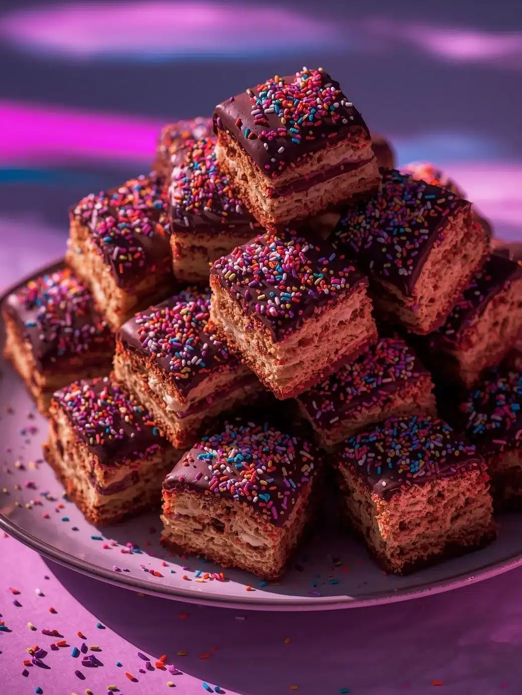 Delicious fairy bread lamingtons topped with colorful sprinkles and coconut flakes.