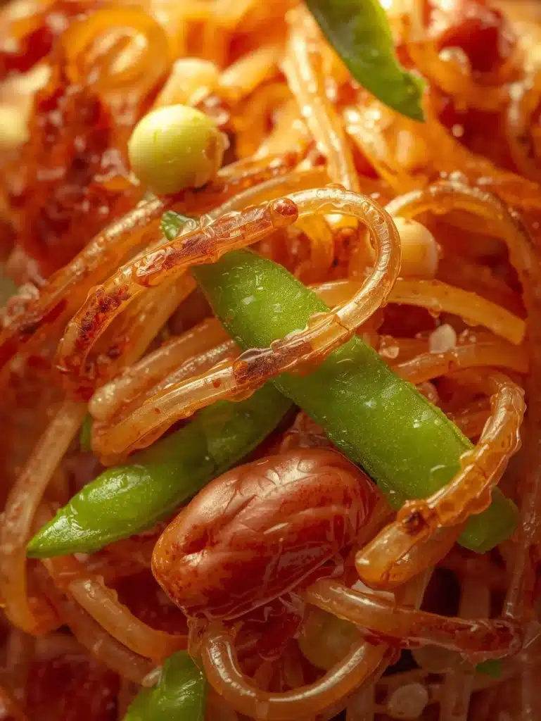 Delicious longevity noodles with snow peas and crunchy chestnuts in a bowl