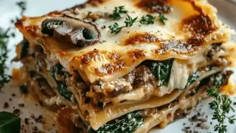 Mushroom spinach lasagna baked with cheese and herbs for a comforting meal