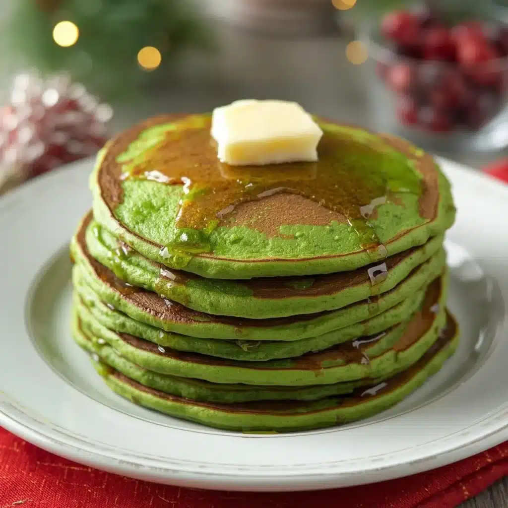 Platter of vibrant green Christmas pancakes decorated with festive toppings