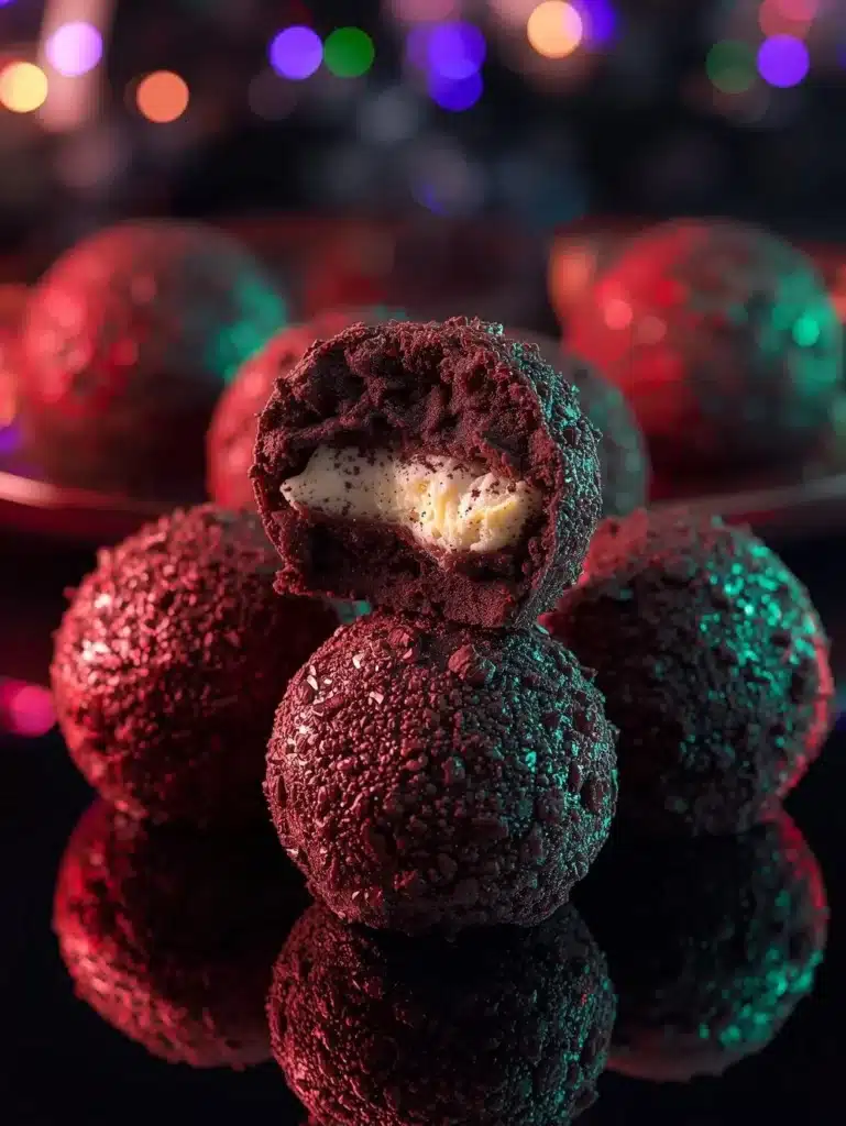 No-bake Christmas Oreo cheesecake truffles on a festive plate