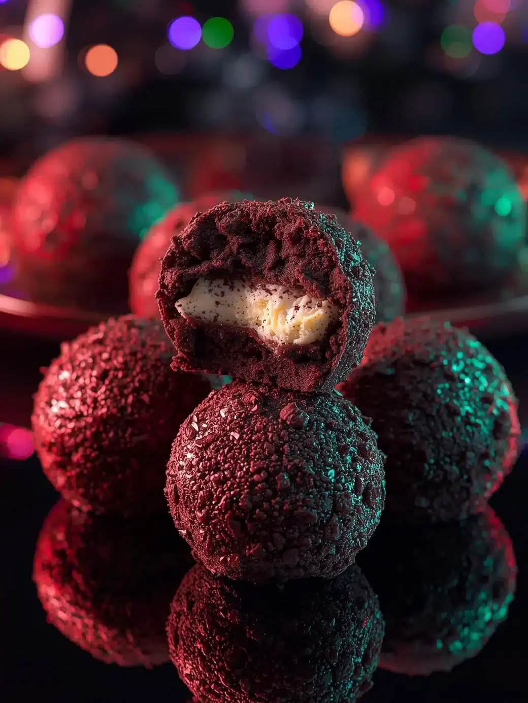No-bake Christmas Oreo cheesecake truffles on a festive plate
