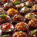 Plate of easy Christmas appetizers including dips and festive snacks