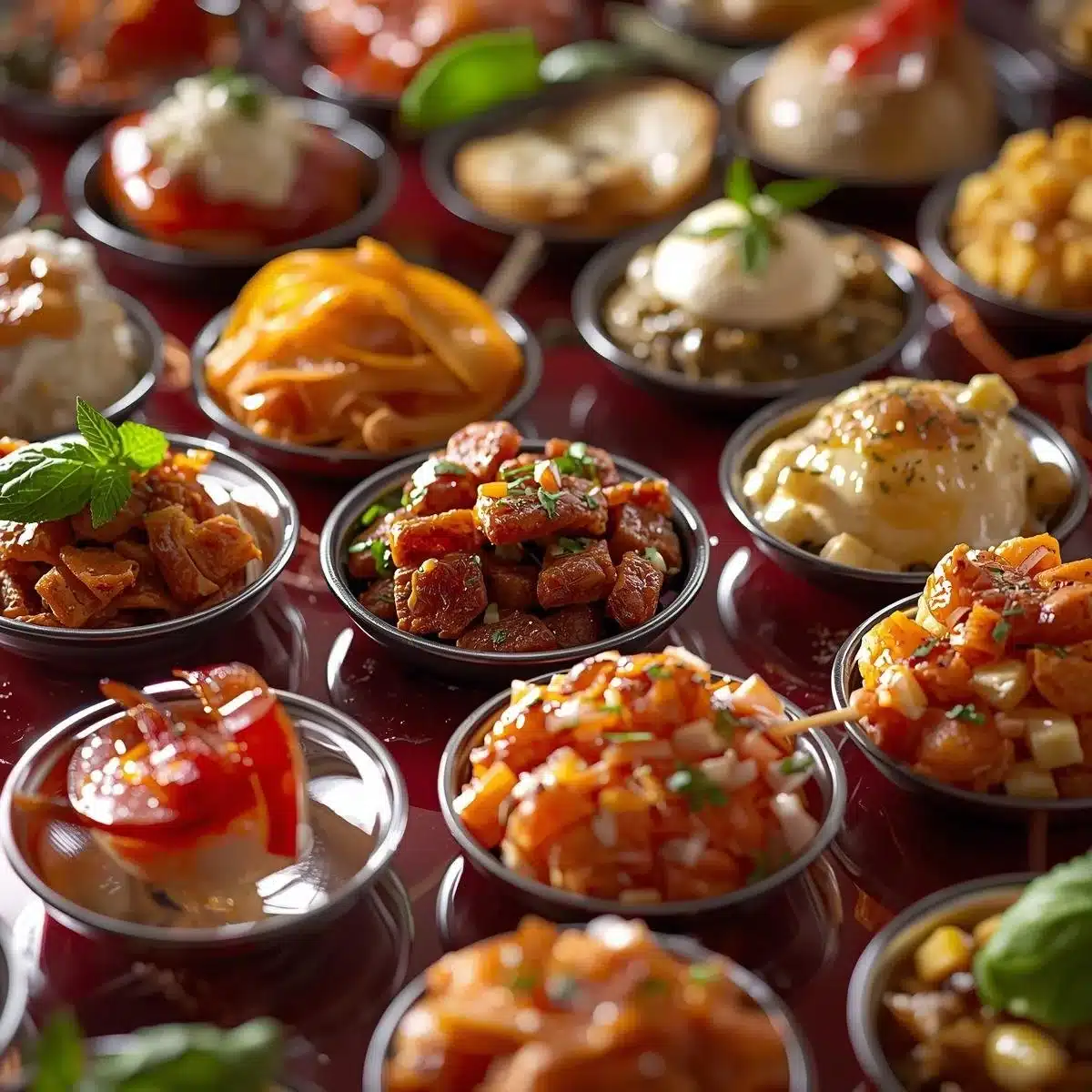 Plate of easy Christmas appetizers including dips and festive snacks