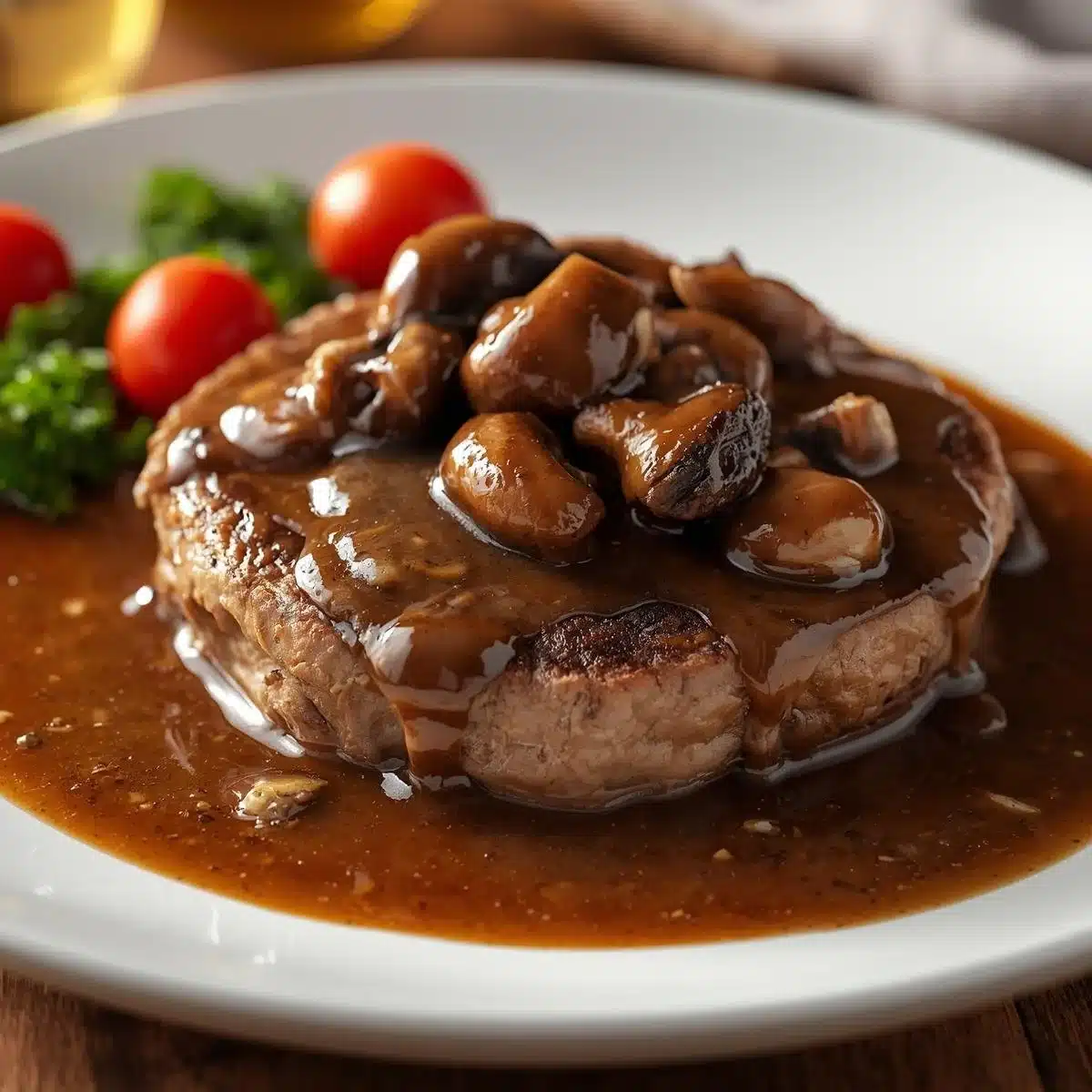 Delicious plate of easy Salisbury steak with gravy and mashed potatoes.