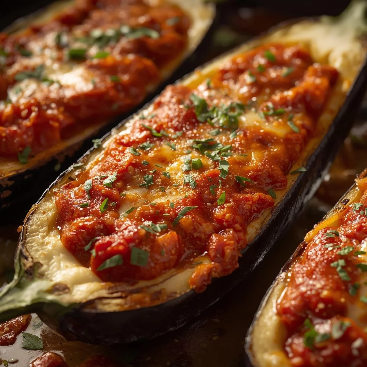 Delicious eggplant lasagna boats filled with flavorful ingredients.
