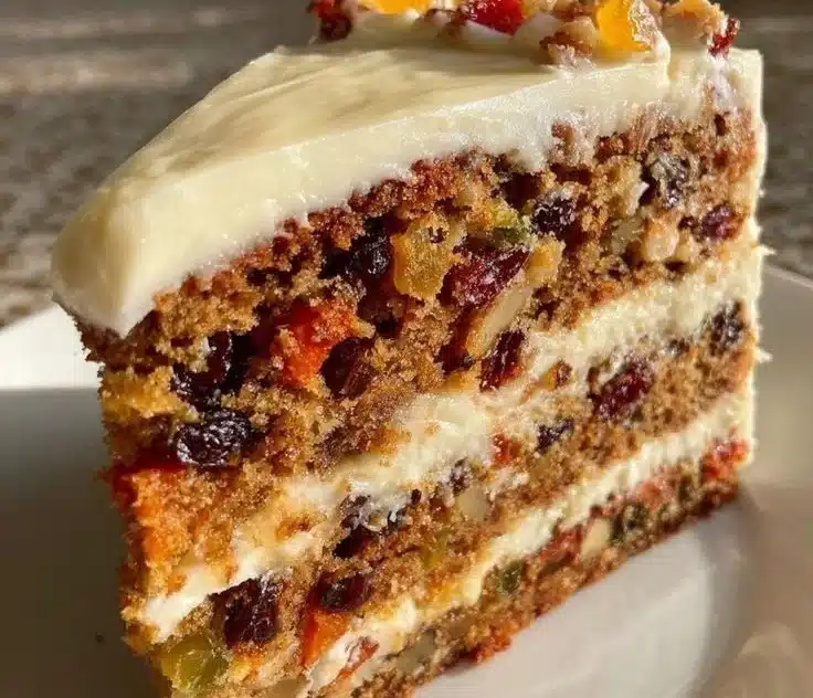 Festive Christmas cake decorated with fruits and icing for holiday celebrations.