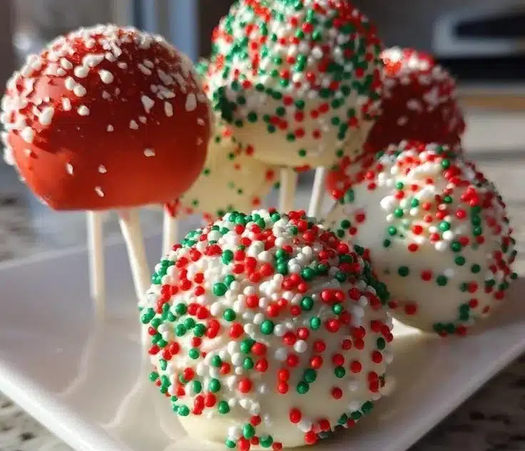 Colorful festive Christmas Cake Pops decorated for holiday celebrations