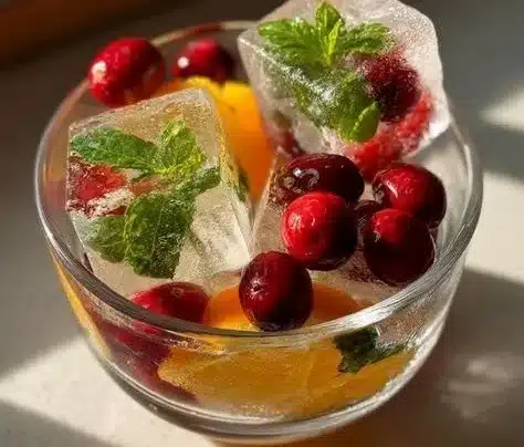 Colorful holiday ice cubes adding festive flair to drinks