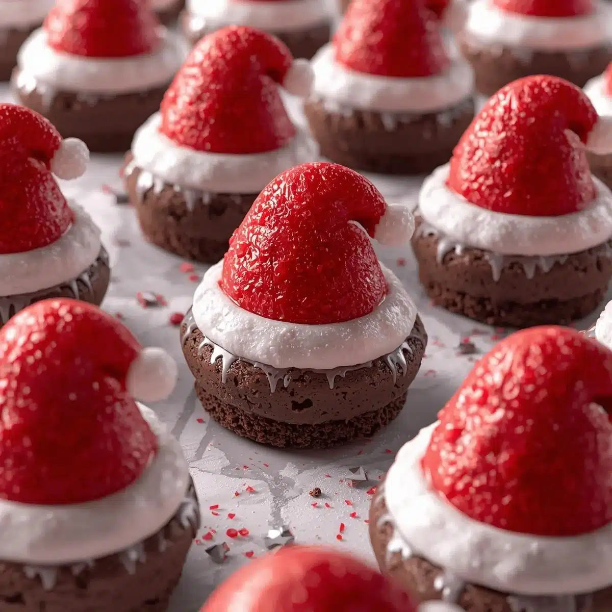 Delicious Santa Hat Brownie Bites decorated for the holidays