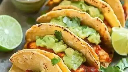 Flavor-packed chicken tacos with avocado tomatillo sauce on a plate