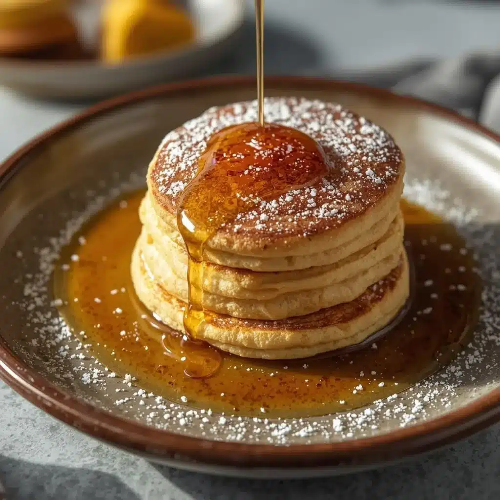 Fluffy Japanese soufflé pancakes stacked with maple syrup and berries
