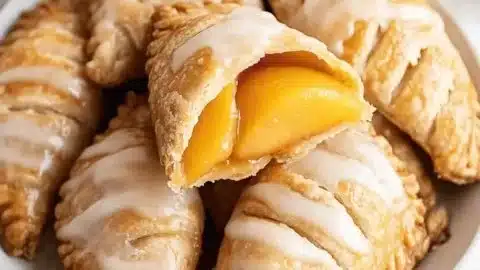 Deliciously fried peach pies on a wooden table