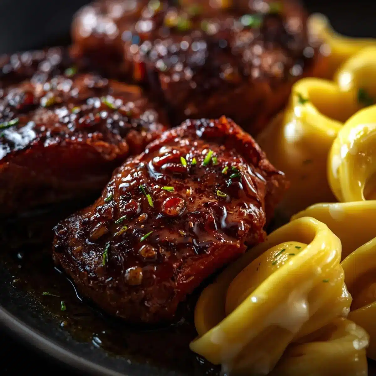 Delicious Garlic Butter Steak Bites served with creamy Alfredo Tortellini on a plate.