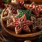 Freshly baked German Christmas gingerbread cookies arranged on a festive plate.