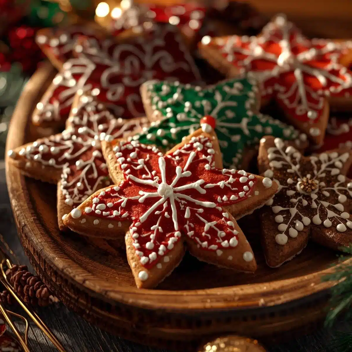 Freshly baked German Christmas gingerbread cookies arranged on a festive plate.