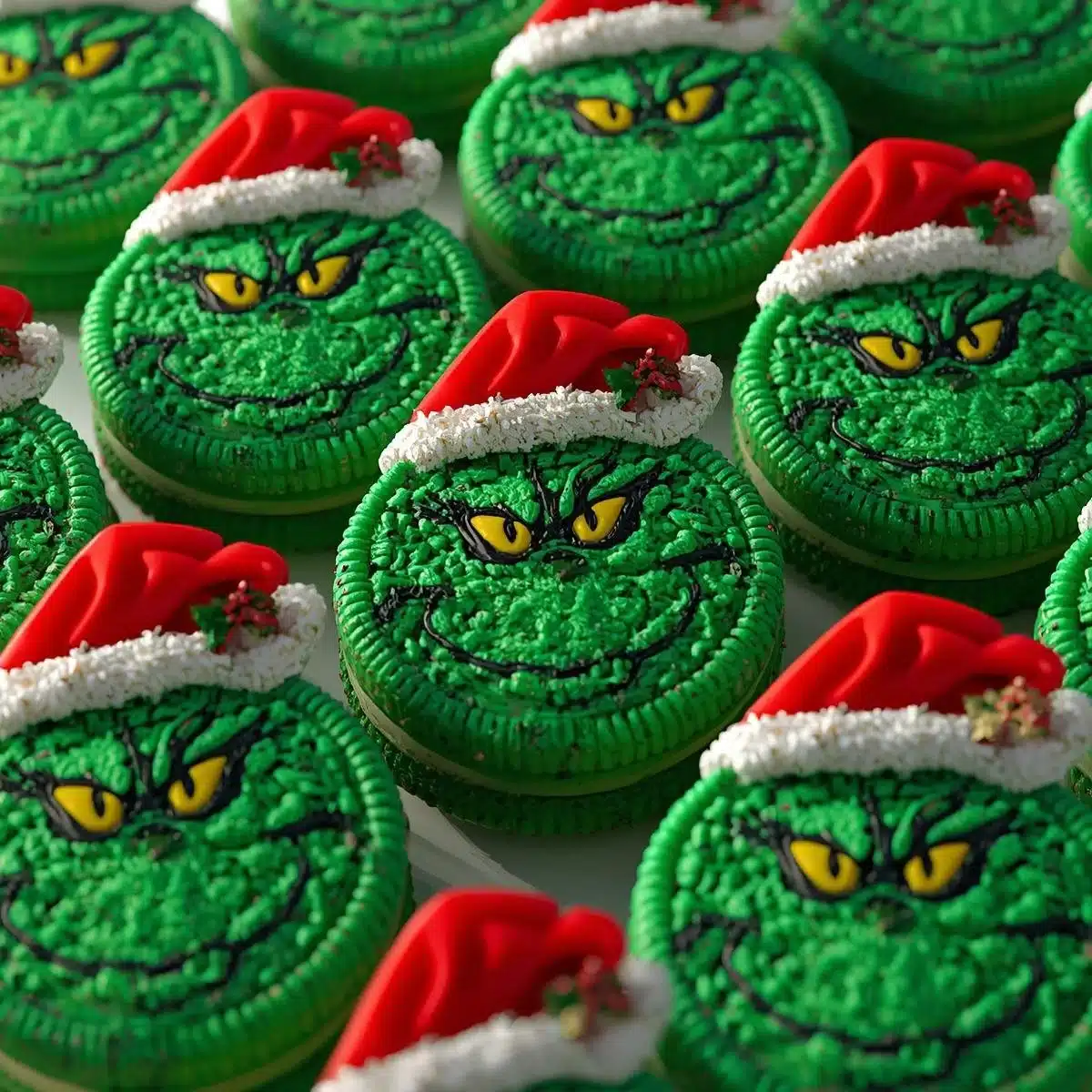 Festive Grinch Oreo holiday treats decorated with Christmas colors