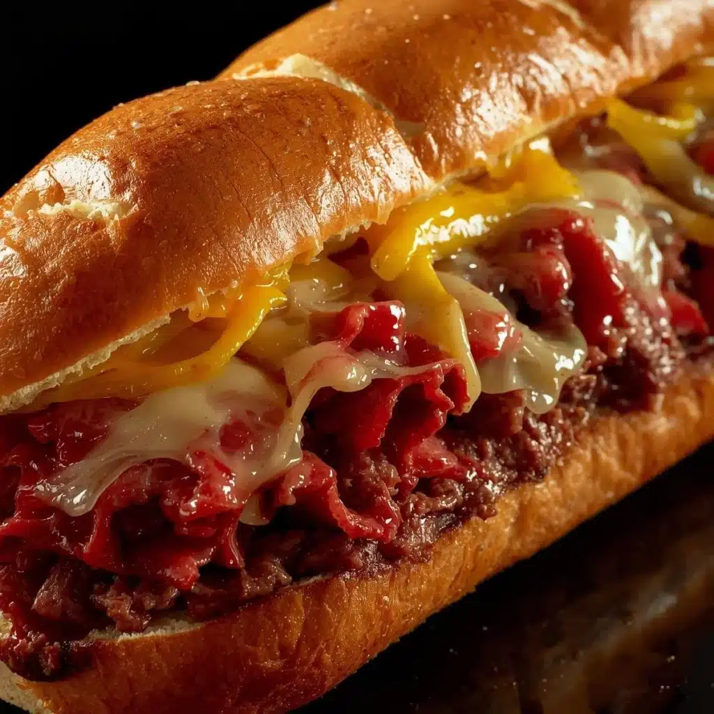 Delicious Ground Beef Philly Cheesesteak sandwich with melted cheese and peppers.