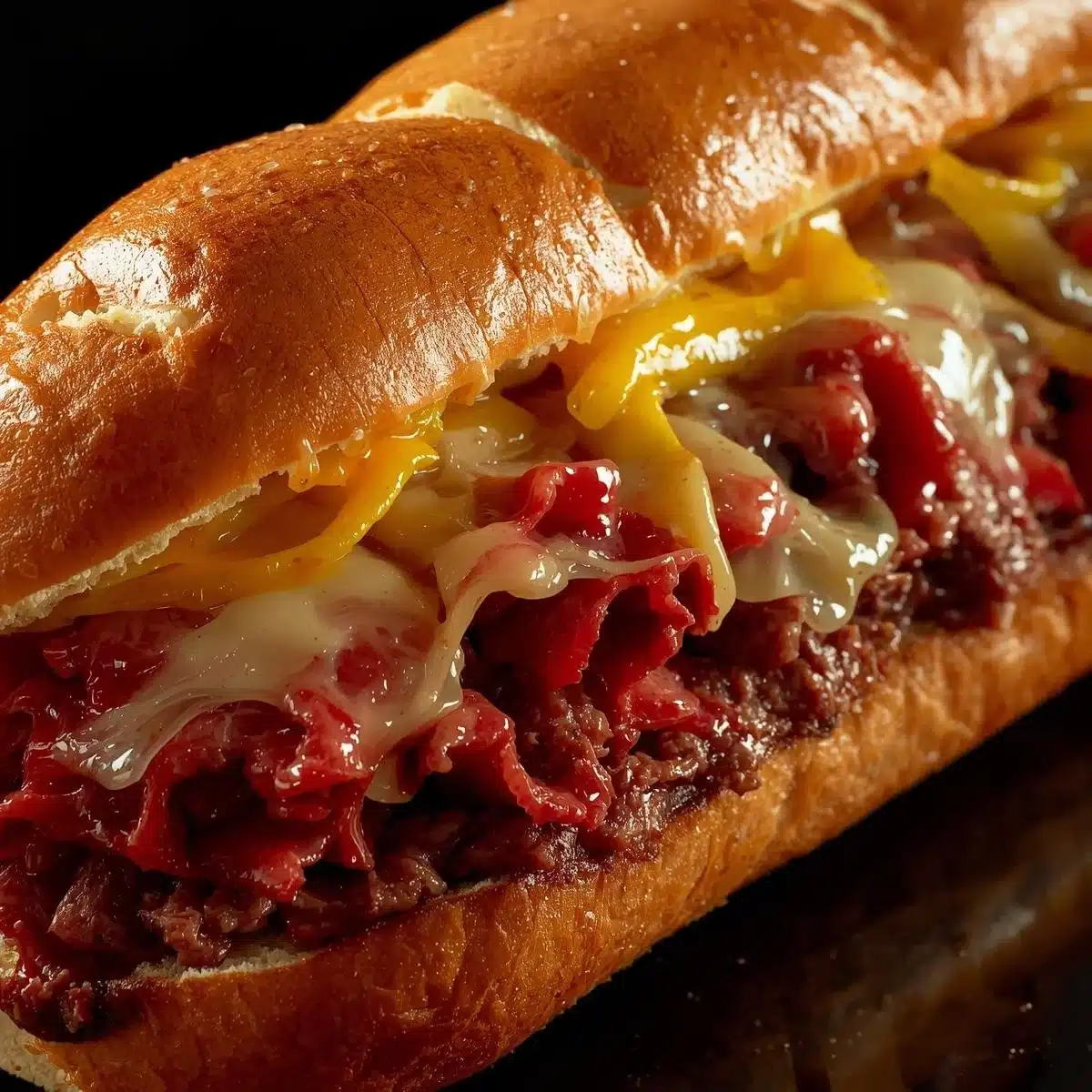 Delicious Ground Beef Philly Cheesesteak sandwich with melted cheese and peppers.