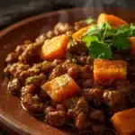 Ground Beef and Sweet Potato Skillet in a colorful dish on a wooden table