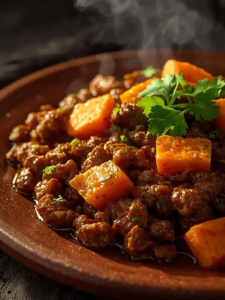 Ground Beef and Sweet Potato Skillet in a colorful dish on a wooden table