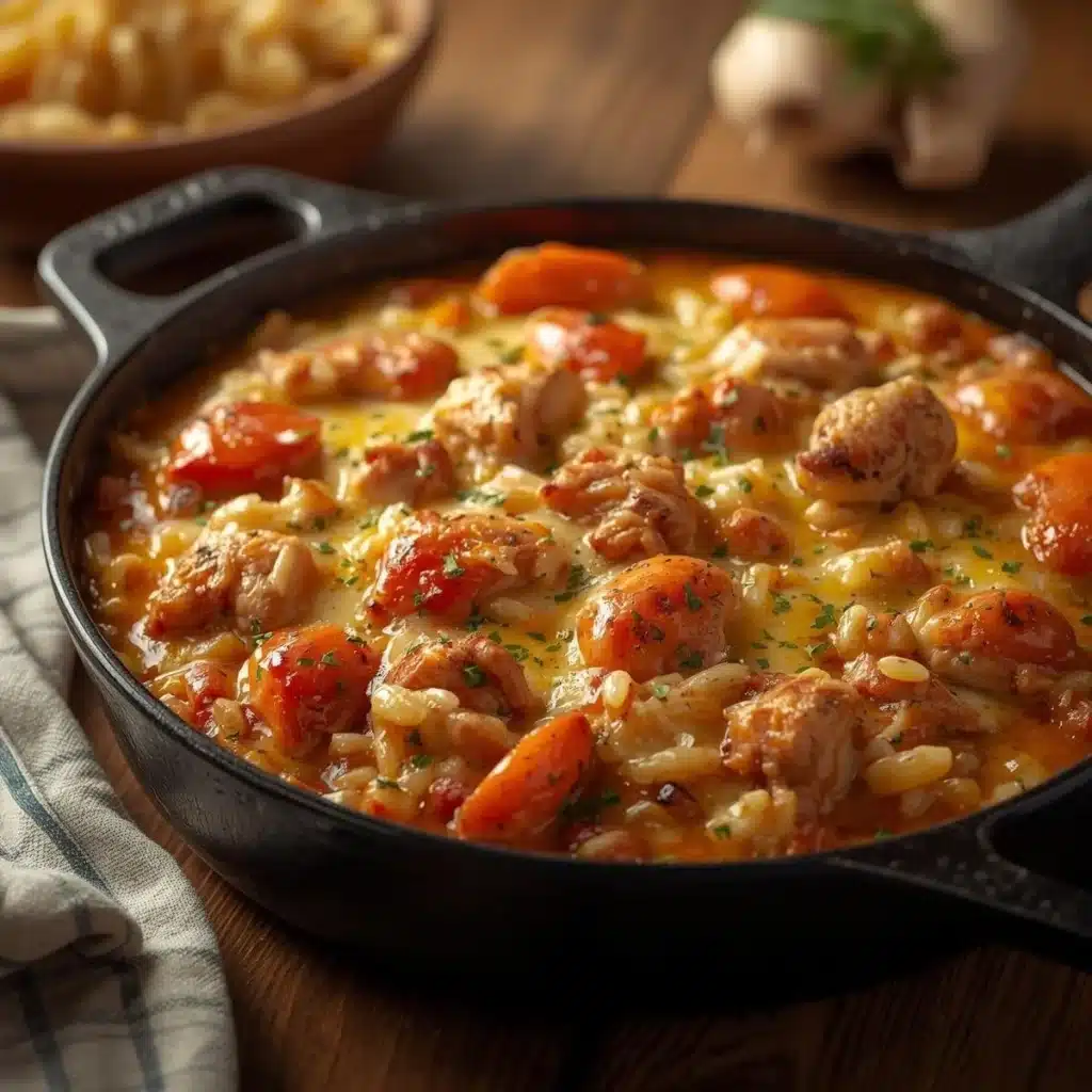 Healthy chicken and rice casserole served in a ceramic dish.