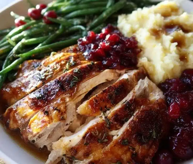 A table laden with heartwarming Christmas Day food featuring festive dishes.