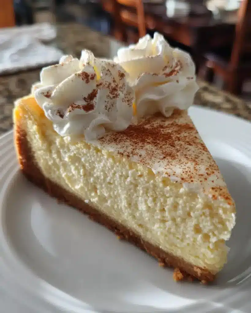 Heavenly eggnog cheesecake topped with whipped cream and nutmeg.