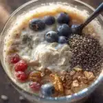Bowl of high protein overnight oats topped with fruits and nuts