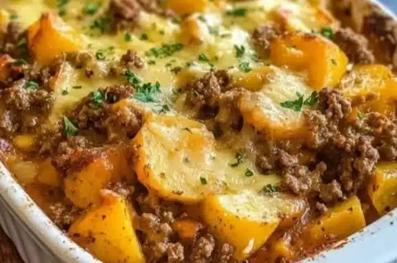 A delicious serving of Hobo Casserole with vegetables and meat in a baking dish.