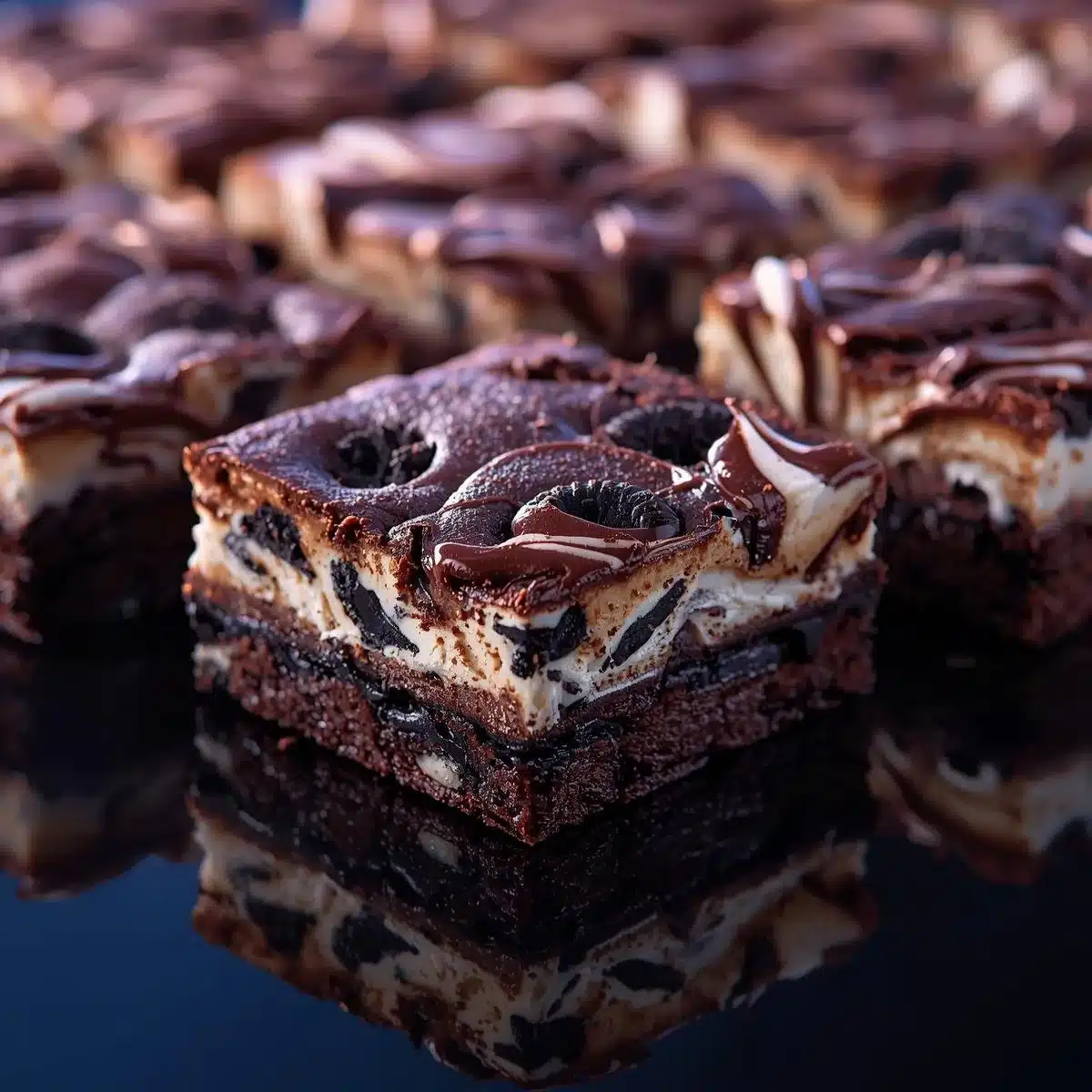 Decadent cookies and cream brownies topped with cream and cookie crumbs