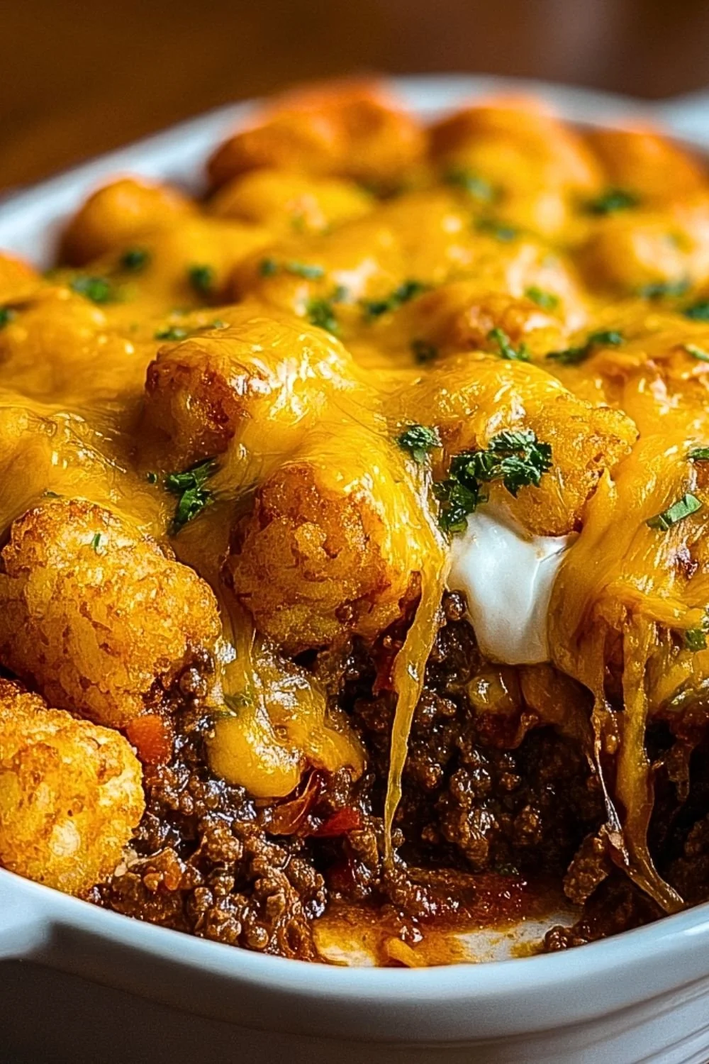 Delicious cheeseburger tater tot casserole topped with melted cheese