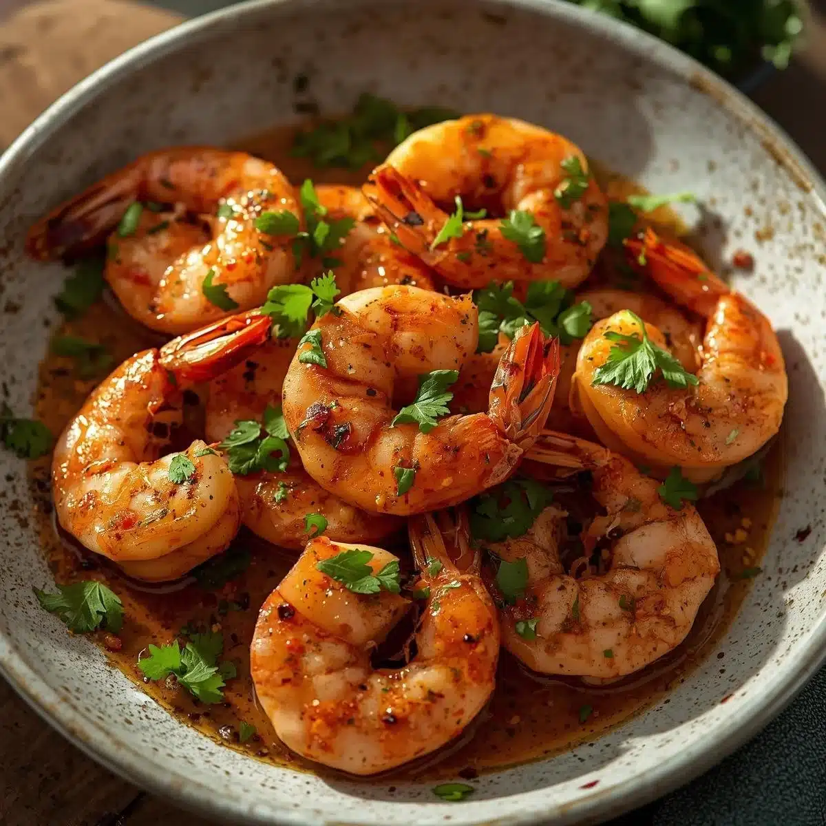 Irresistible chimichurri shrimp dish garnished with fresh herbs