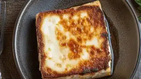 Delicious plate of crispy Greek cheese saganaki served with lemon.