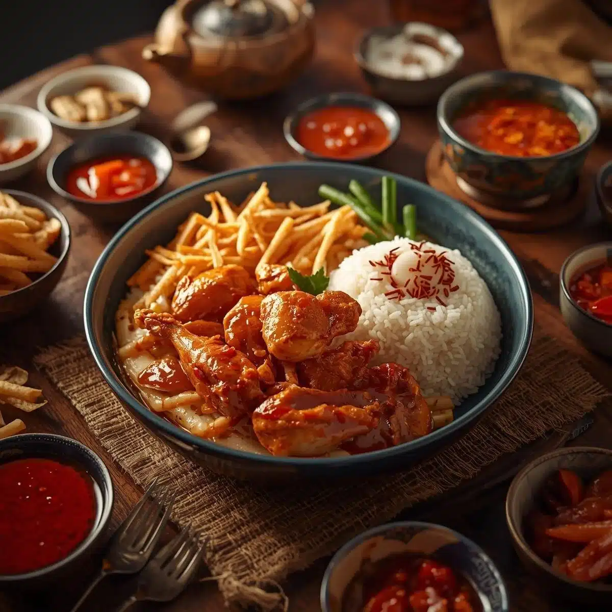 Delicious Hainan chicken rice served with a variety of flavorful sauces.