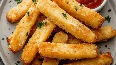 Crispy halloumi fries served on a plate, drizzled with sauce.