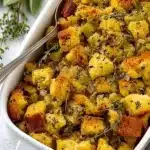 Delicious homemade stuffing served in a dish, perfect for Thanksgiving dinner