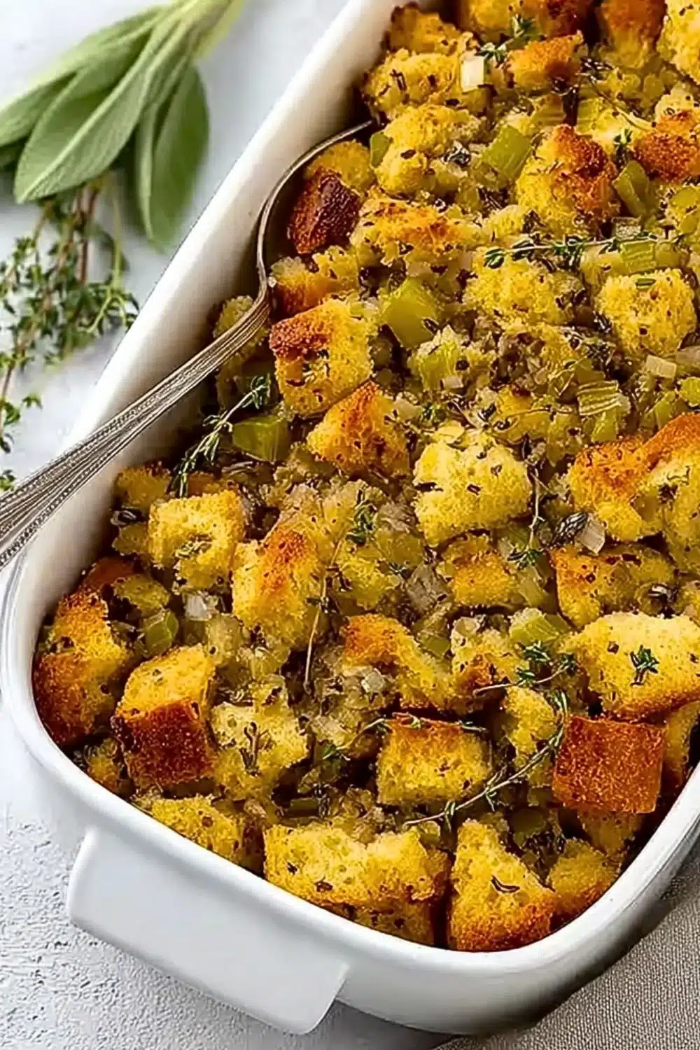 Delicious homemade stuffing served in a dish, perfect for Thanksgiving dinner
