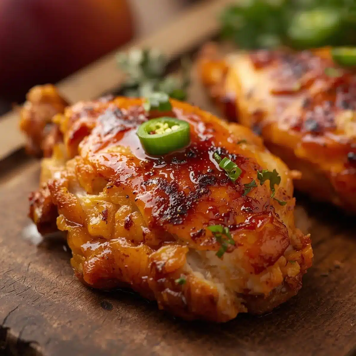 Grilled Jalapeño Peach Chicken garnished with fresh herbs