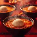 Bowl of traditional Japanese New Year Mochi Soup with mochi and vegetables