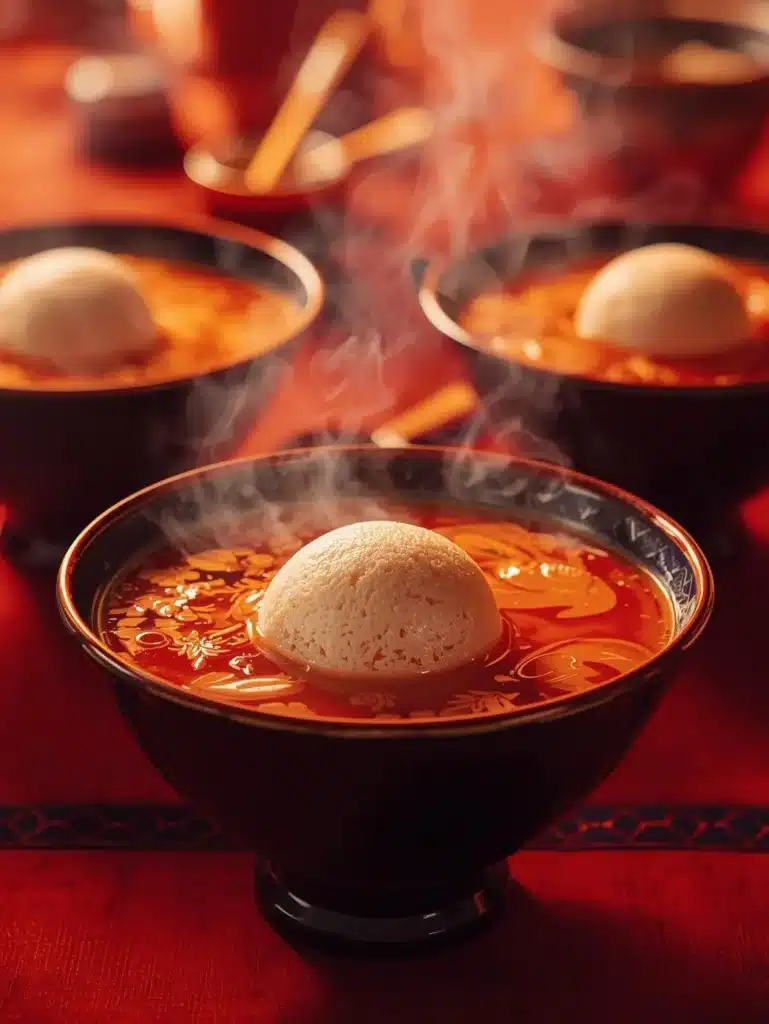 Bowl of traditional Japanese New Year Mochi Soup with mochi and vegetables