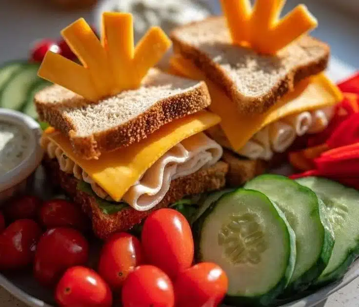 Colorful Christmas lunch ideas for kids with festive decorations and meals.