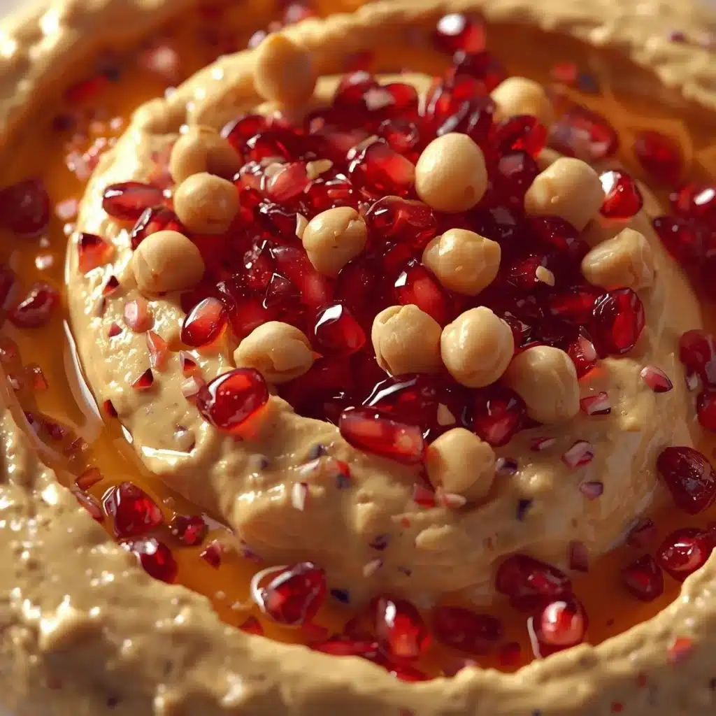 Delicious loaded hummus topped with pomegranate and chickpeas served in a bowl