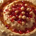 Delicious loaded hummus topped with pomegranate and chickpeas served in a bowl