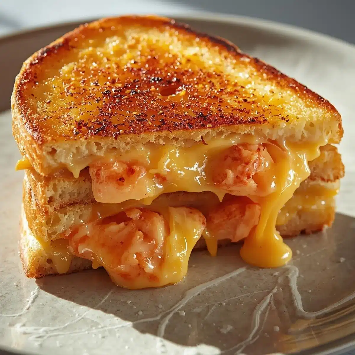Lobster grilled cheese sandwich with melted cheese and fresh lobster meat