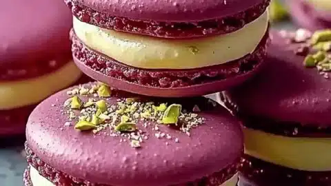 Luxurious raspberry pistachio macarons displayed on a cake stand.