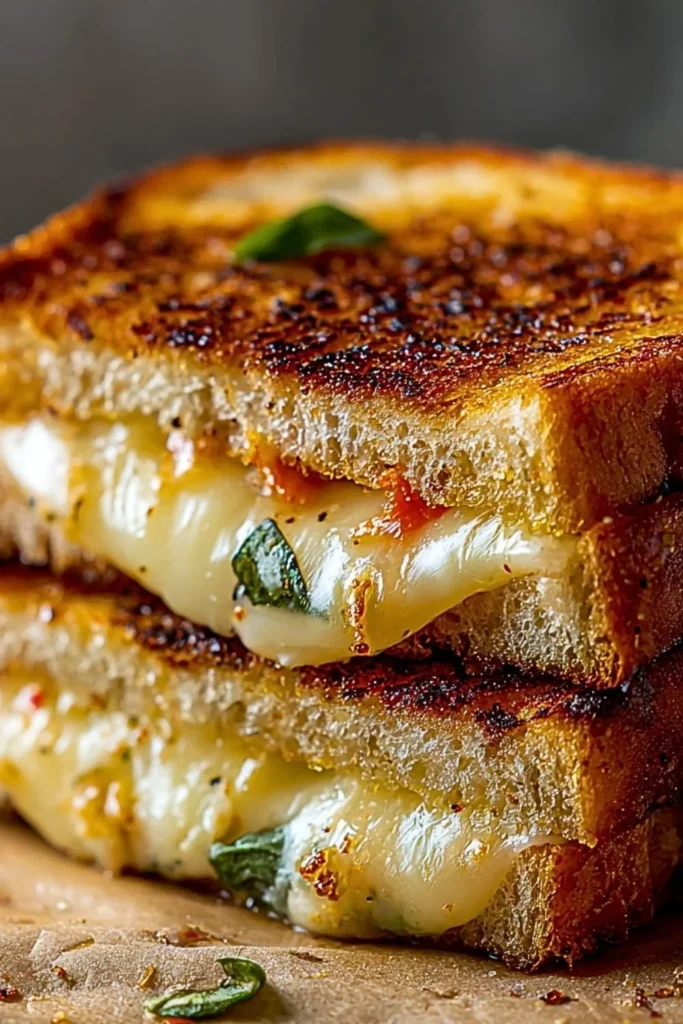 Mediterranean grilled cheese sandwich with fresh ingredients and melted cheese