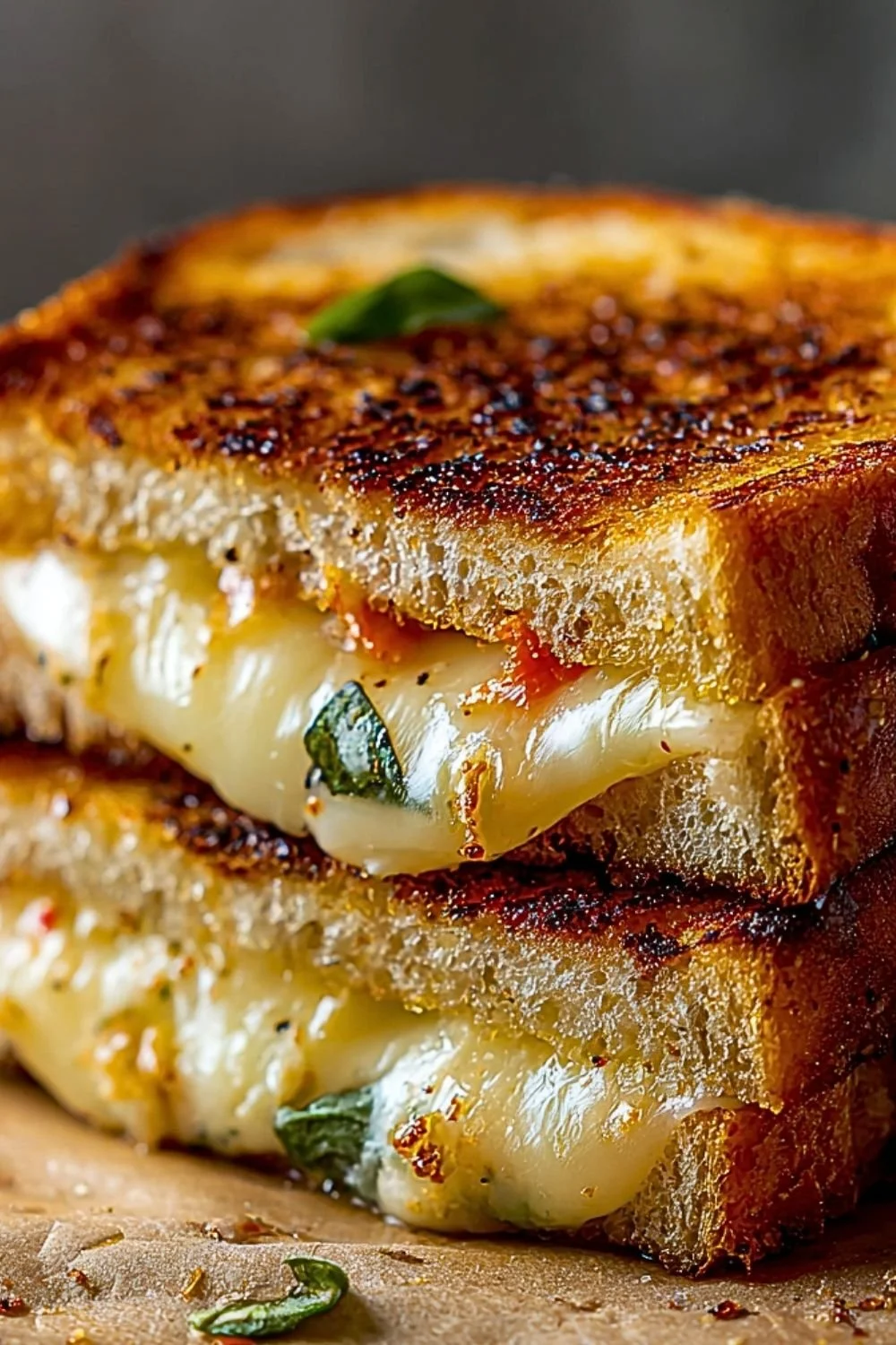 Mediterranean grilled cheese sandwich with fresh ingredients and melted cheese