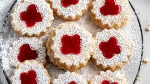 Plate of melt-in-your-mouth raspberry linzer cookies with jam filling